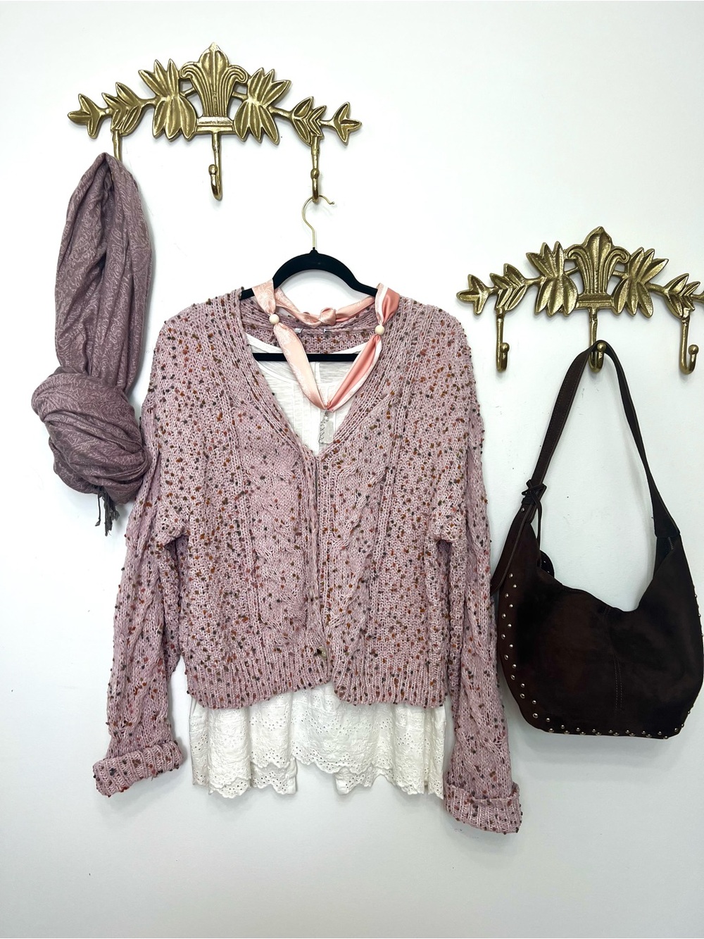 🆕🌸Pink open knit flecked cardigan sweater L